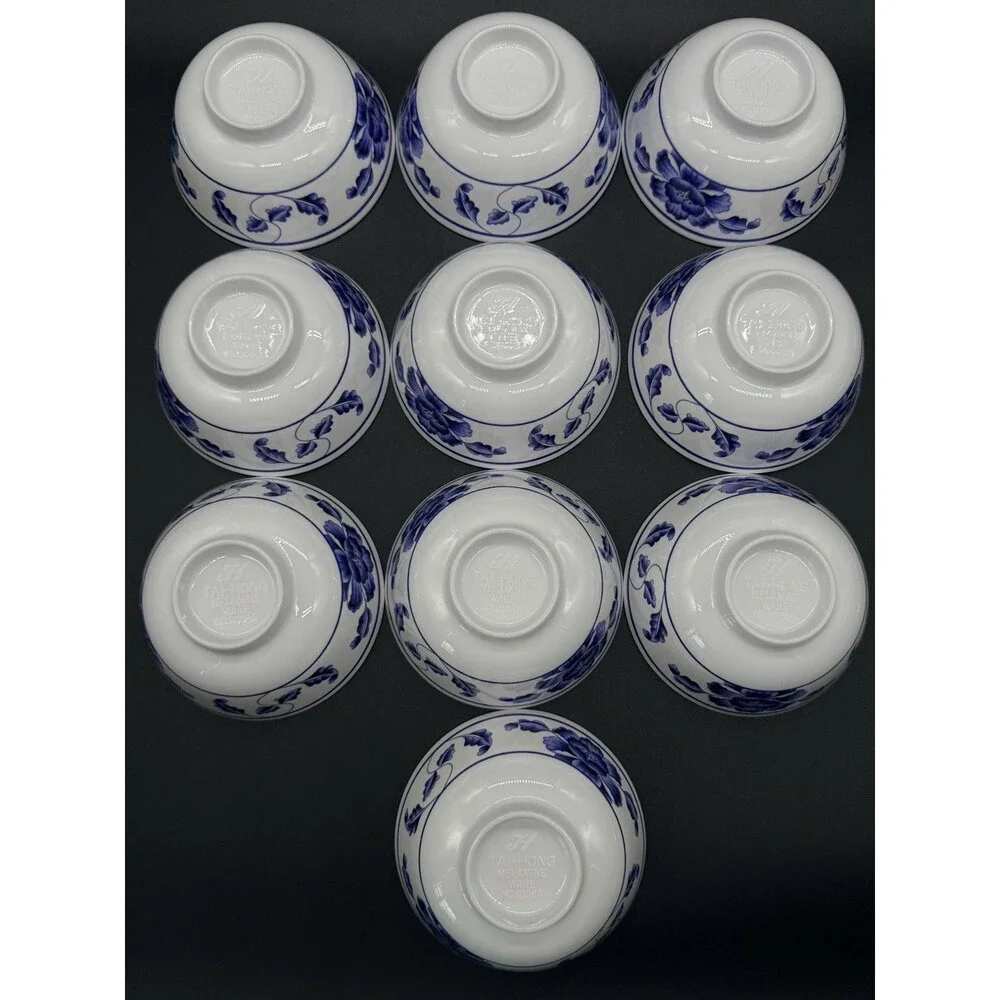 Set of 10 Tai-Hong Melamine Bowls Blue White Lotus Flower Chinese Stackable